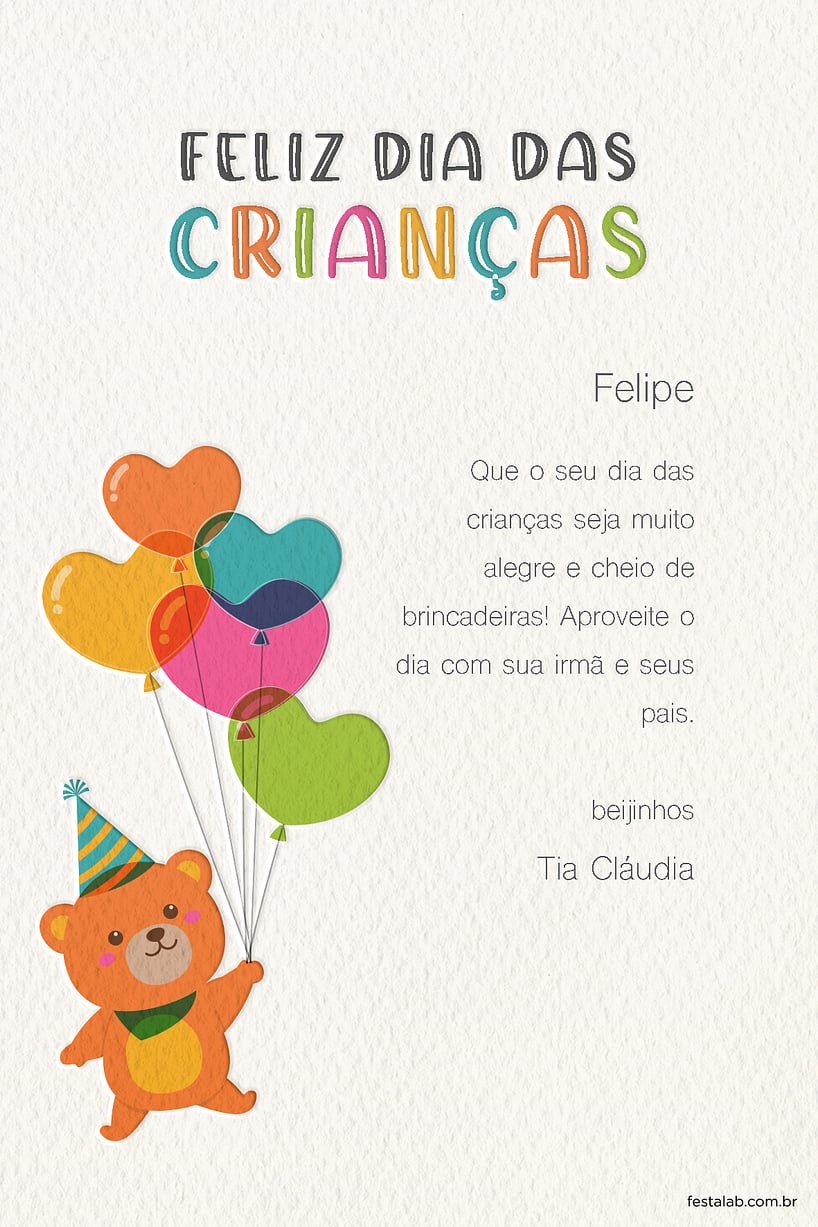 Cartao de Ocasioes especiais - Ursinho Baloes - Dia das Criancas