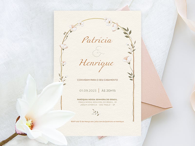 Crie seu convite de casamento - Arranjo Pêssego e Flores Brancas| FestaLab