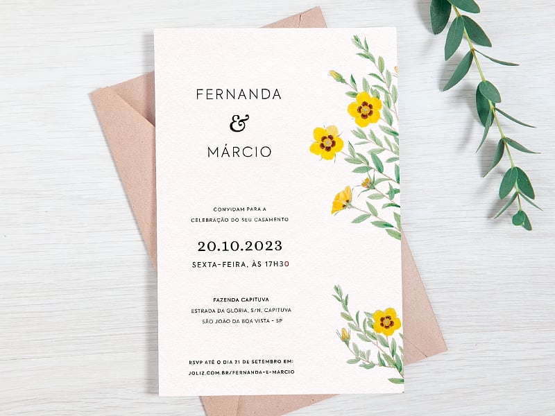 Crie seu convite de casamento - Flores amarelas minimalistas| FestaLab