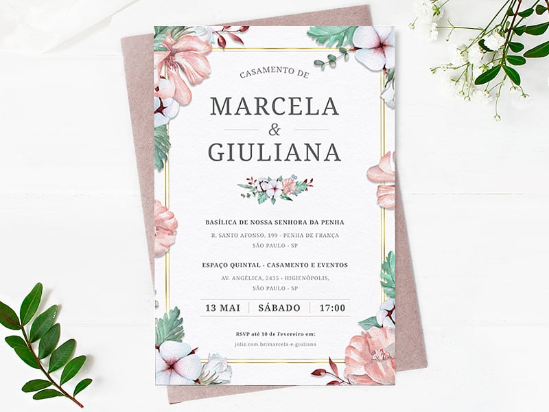 Crie seu convite de casamento - Lirios e Flores rosas| FestaLab