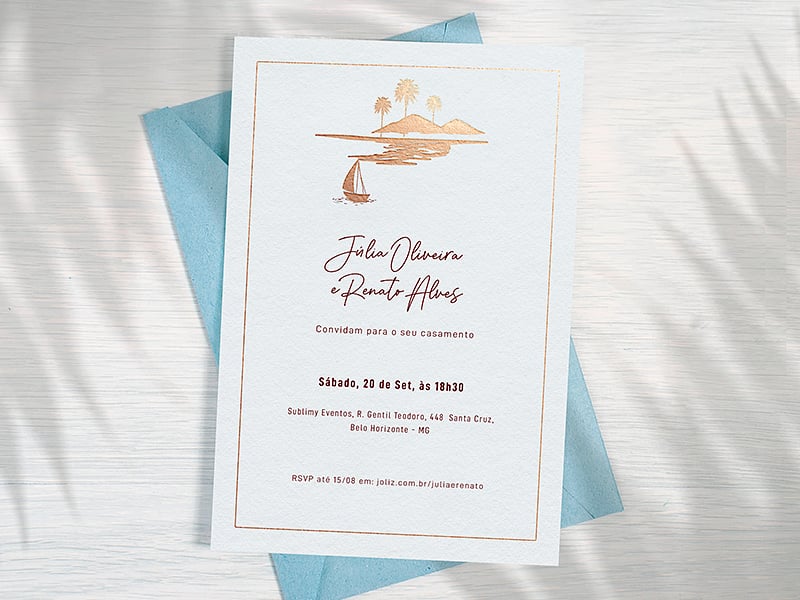 Crie seu convite de casamento - Praia dourada minimalista| FestaLab